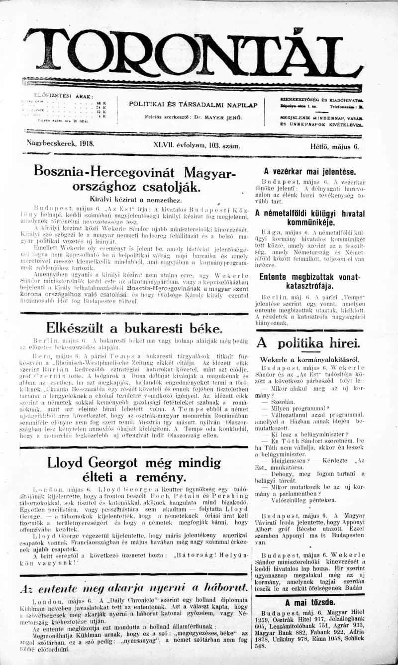 Torontál, 47. évf. 1918. május 6. 103. sz.