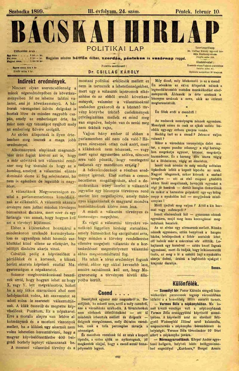 Bácskai Hirlap, 3. évf. 1899. február 10. 24. sz.