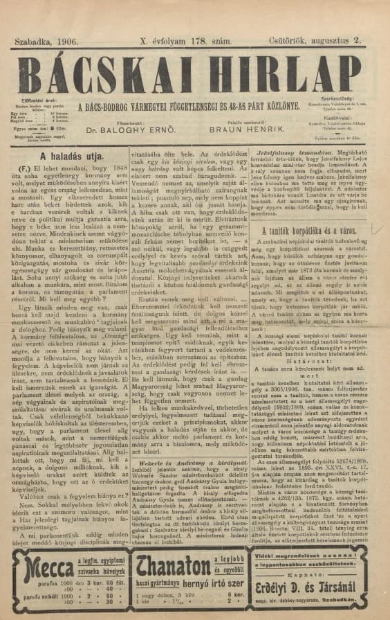 Bácskai Hirlap, 10. évf. 1906. augusztus 2. 178. sz.