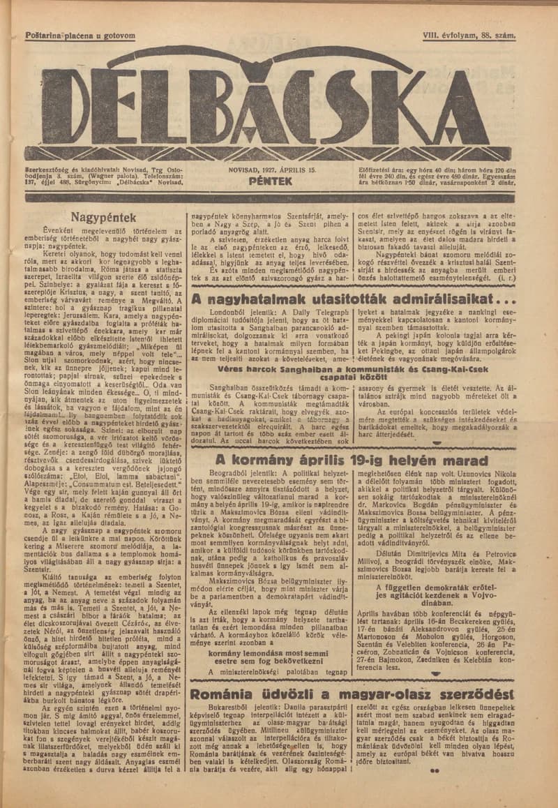 Délbácska, 8. évf. 1927. április 15. 88. sz.
