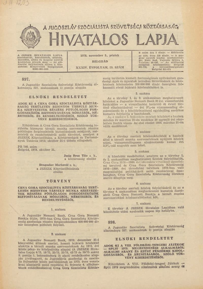 A Jugoszláv Szocialista Szövetségi Köztársaság Hivatalos Lapja, 34. évf. 1978. november 3. 59. sz. 2373–2384. oldal