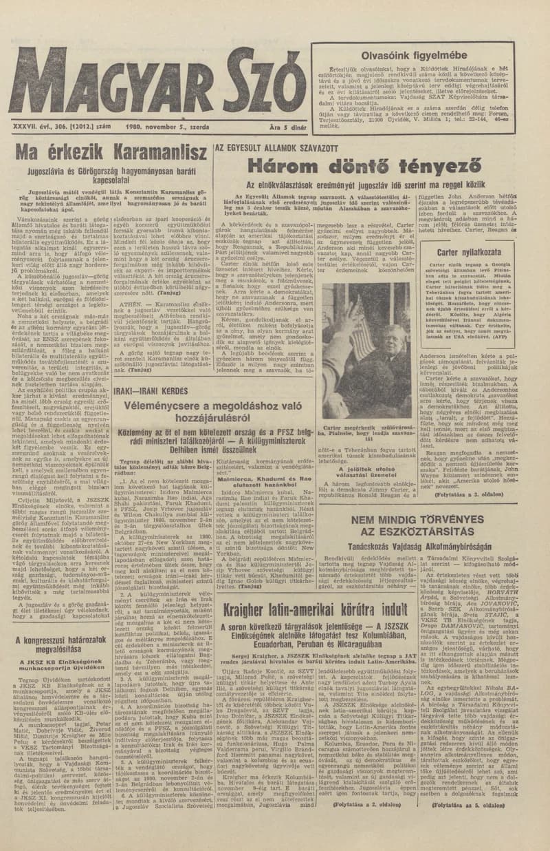 Magyar Szó, 37. évf. 1980. november 5. 306. sz. 1–20. oldal