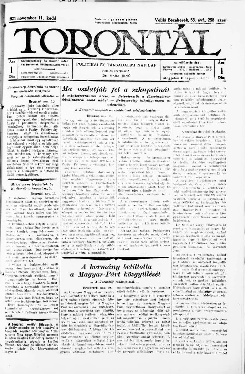 Torontál, 53. évf. 1924. november 11. 258. sz.