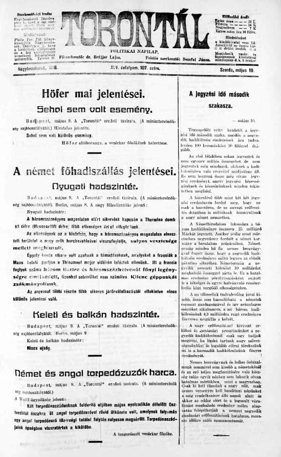 Torontál, 45. évf. 1916. május 10. 107. sz.