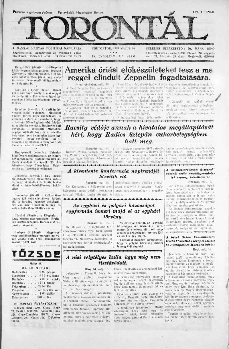 Torontál, 58. évf. 1929. május 16. 112. sz.