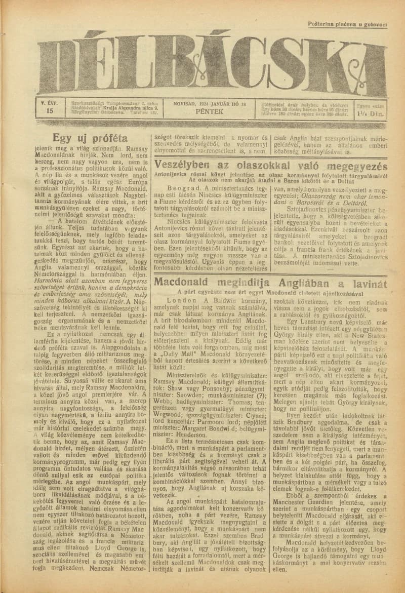 Délbácska, 5. évf. 1924. január 18. 15. sz.