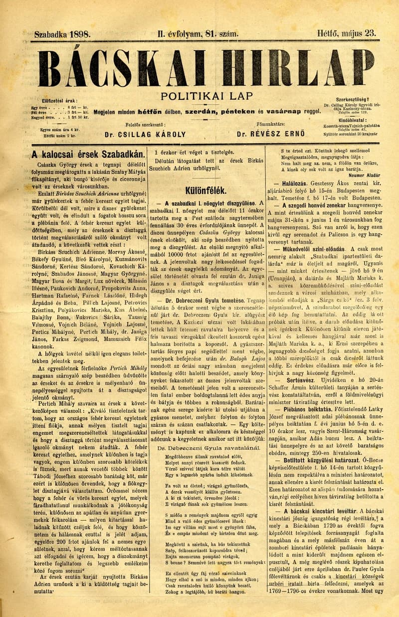Bácskai Hirlap, 2. évf. 1898. május 23. 81. sz. 1–2. oldal