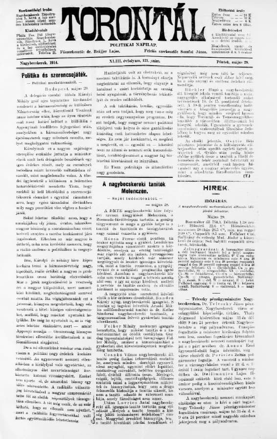 Torontál, 43. évf. 1914. május 29. 121. sz.