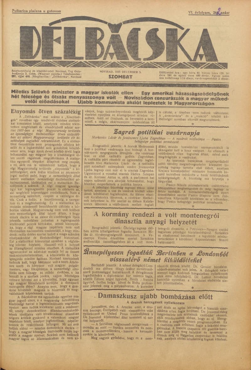 Délbácska, 6. évf. 1925. december 5. 282. sz.