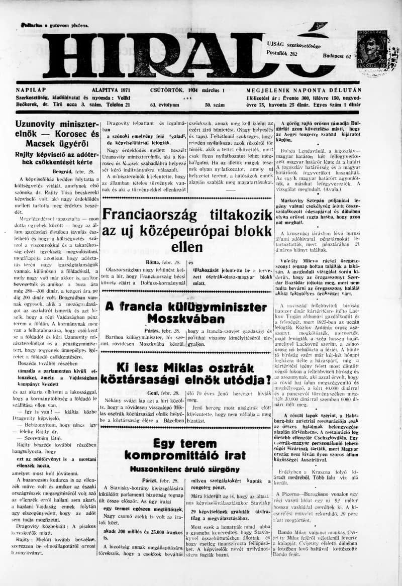 Híradó, 63. évf. 1934. március 1. 50. sz.