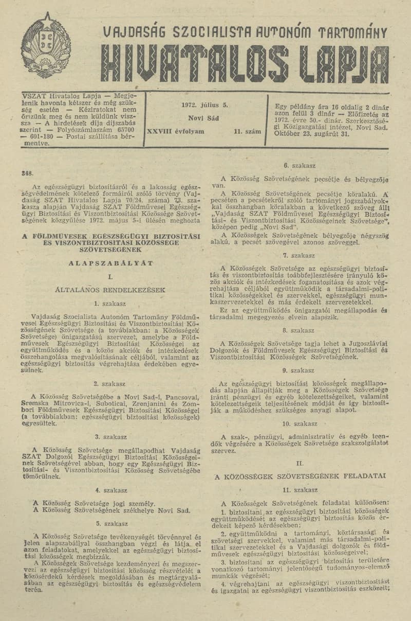 Vajdaság Szocialista Autonóm Tartomány Hivatalos Lapja, 28. évf. 1972. július 5. 11. sz. 457–475. oldal