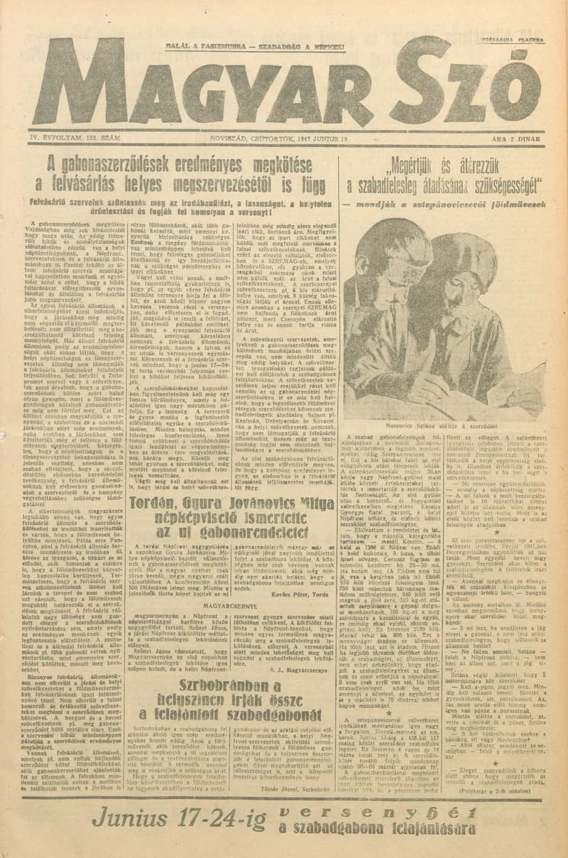 Magyar Szó, 4. évf. 1947. június 19. 152. sz. 1–8. oldal