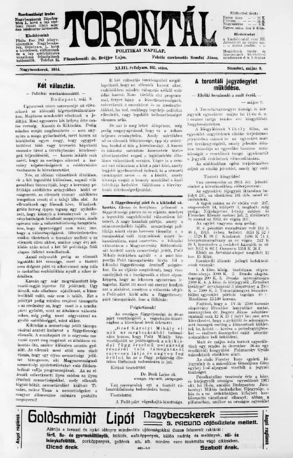 Torontál, 43. évf. 1914. május 9. 105. sz.