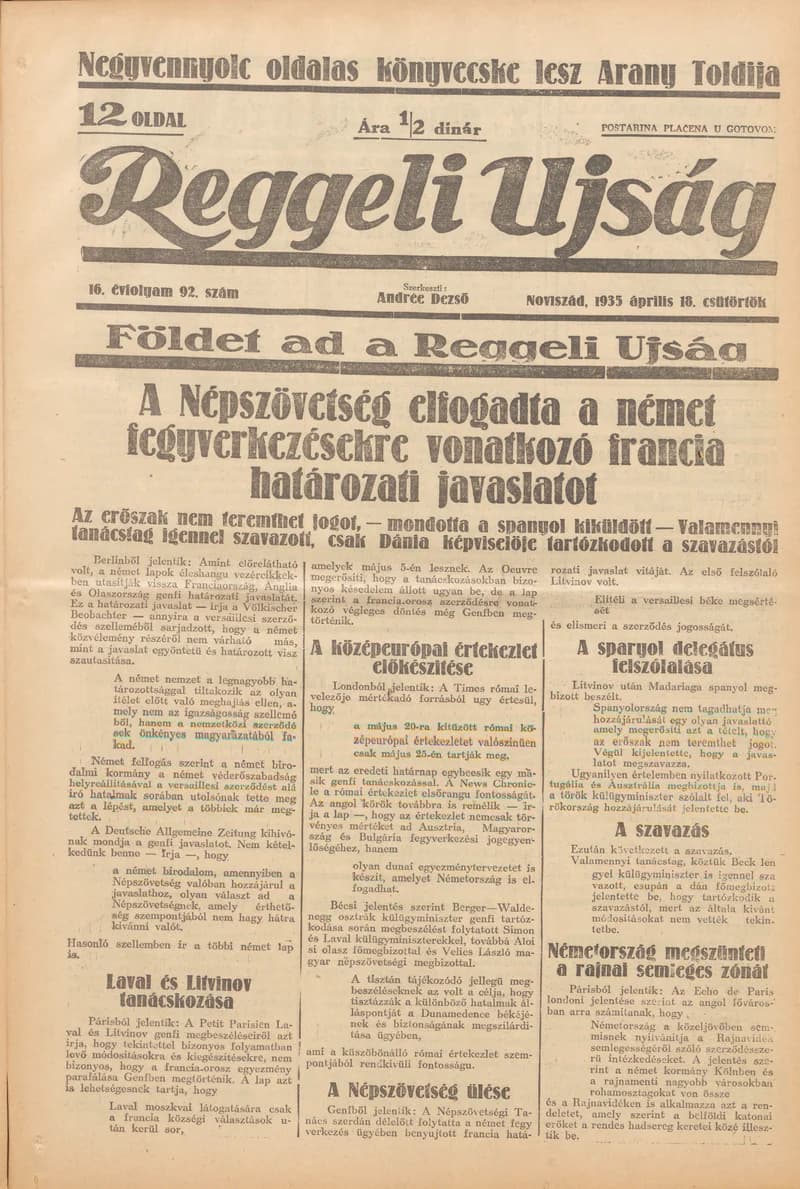 Reggeli Újság, 16. évf. 1935. április 18. 92. sz.