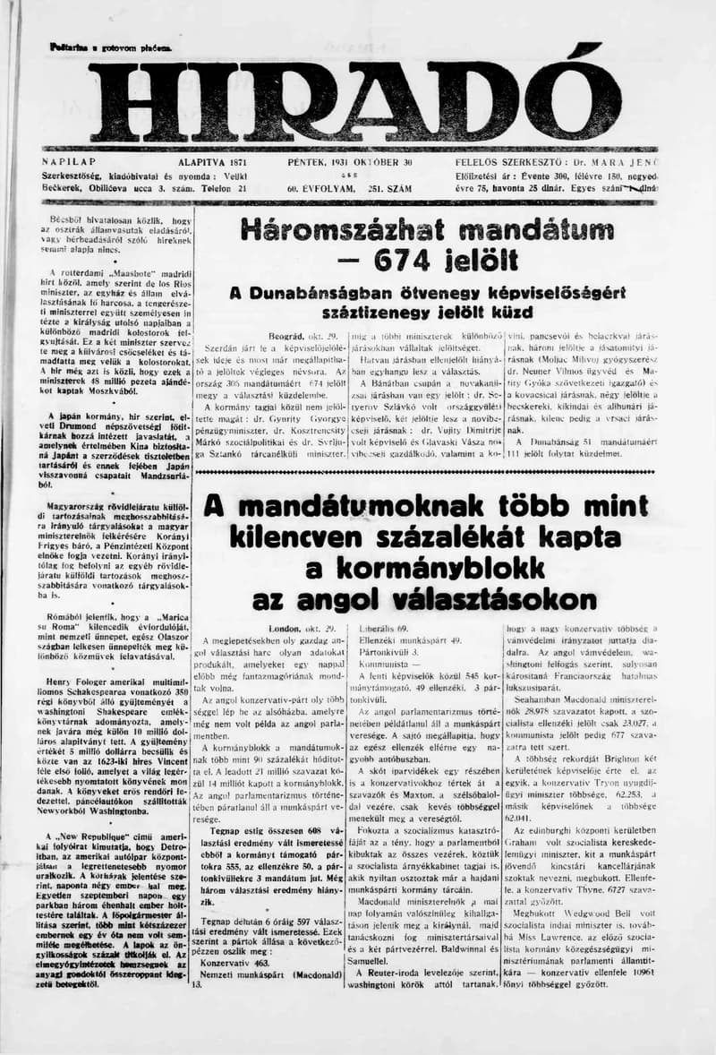 Híradó, 60. évf. 1931. október 30. 251. sz.