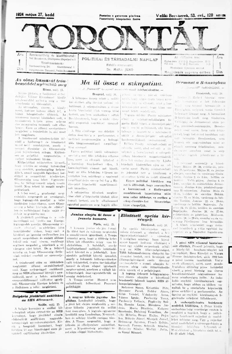 Torontál, 53. évf. 1924. május 27. 120. sz.