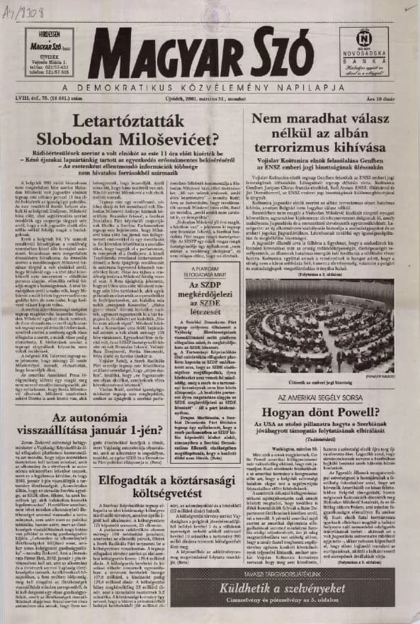 Magyar Szó, 58. évf. 2001. március 31. 75. sz. 1–16. oldal