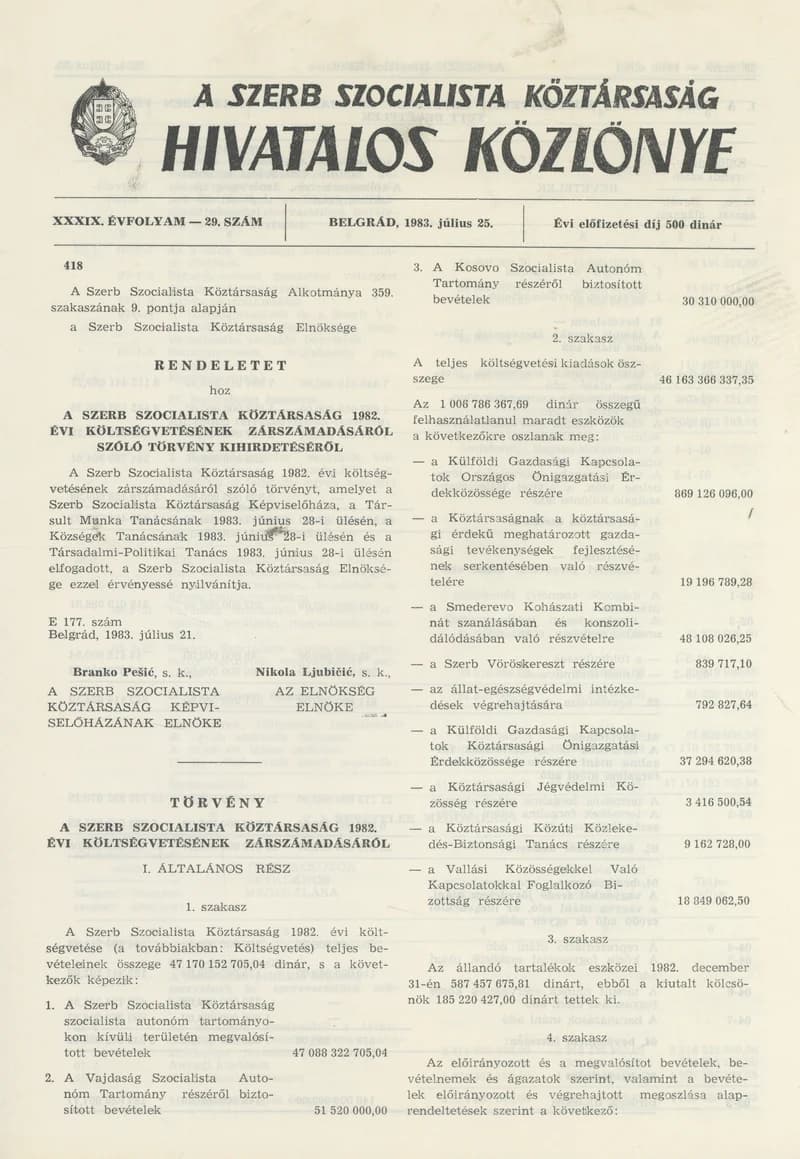 A Szerb Szocialista Köztársaság Hivatalos Közlönye, 39. évf. 1983. július 25. 29. sz.