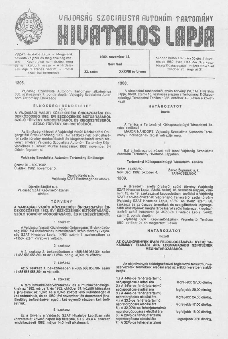 Vajdaság Szocialista Autonóm Tartomány Hivatalos Lapja, 38. évf. 1982. november 13. 33. sz.