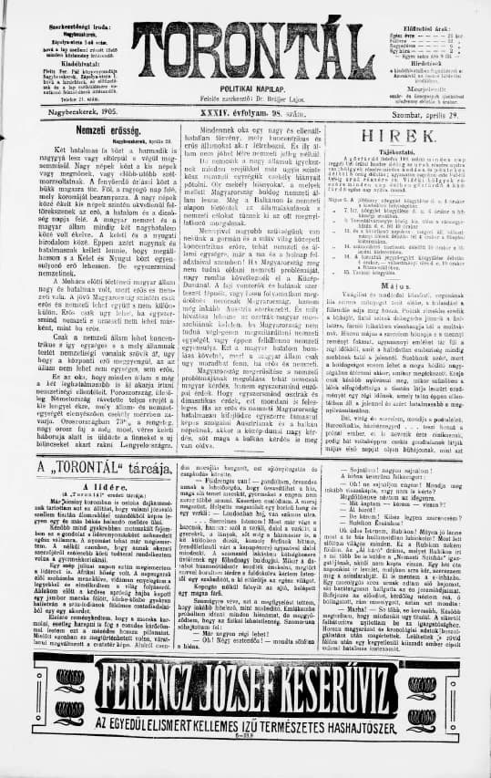 Torontál, 34. évf. 1905. április 29. 98. sz.
