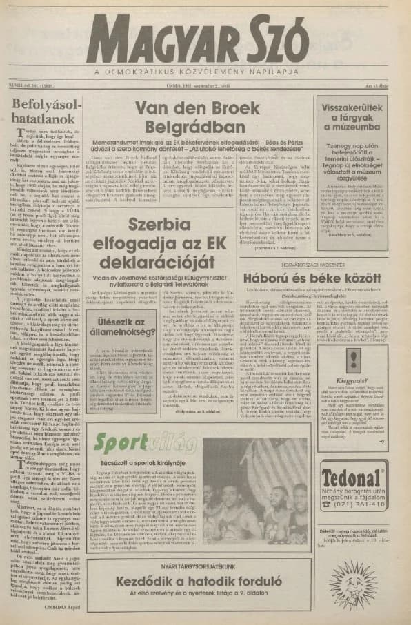 Magyar Szó, 48. évf. 1991. szeptember 2. 241. sz. 1–20. oldal