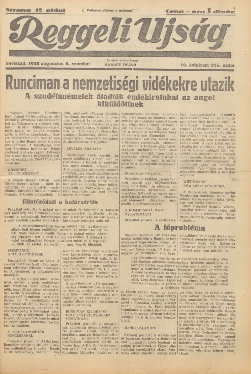 Reggeli Újság, 19. évf. 1938. augusztus 6. 213. sz.