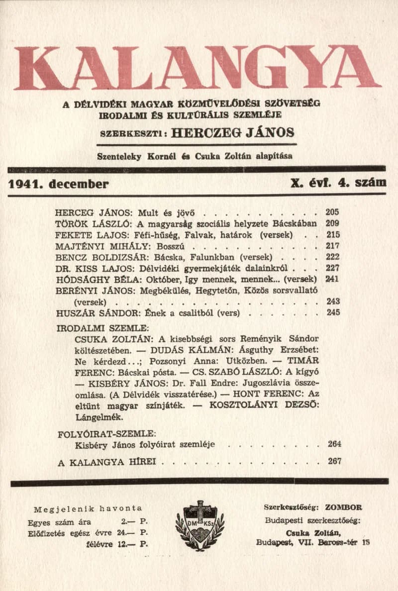 Kalangya, 10. évf. 1941. december. 4. sz. 205–266. oldal