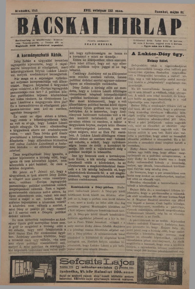 Bácskai Hirlap, 17. évf. 1913. május 31. 123. sz.