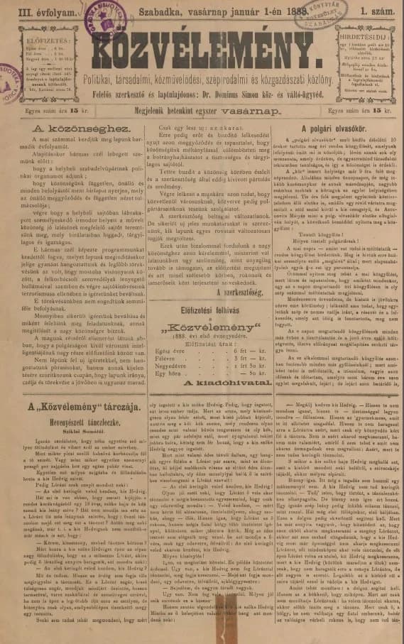 Közvélemény, 3. évf. 1888. január 1. 1. sz.