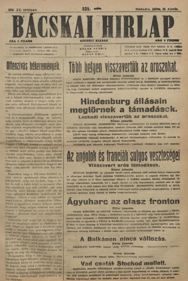 Bácskai Hirlap, 20. évf. 1916. július 19. 325. sz.
