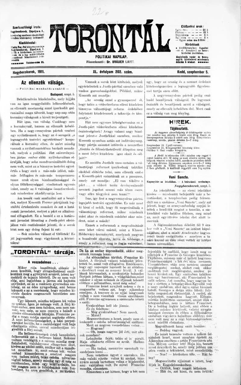Torontál, 40. évf. 1911. szeptember 5. 202. sz.