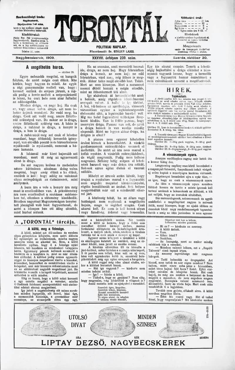 Torontál, 38. évf. 1909. október 20. 239. sz.