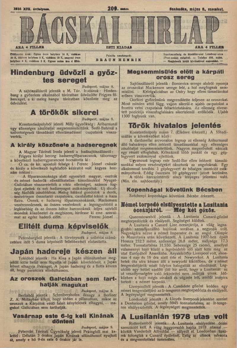 Bácskai Hirlap, 19. évf. 1915. május 8. 209. sz.