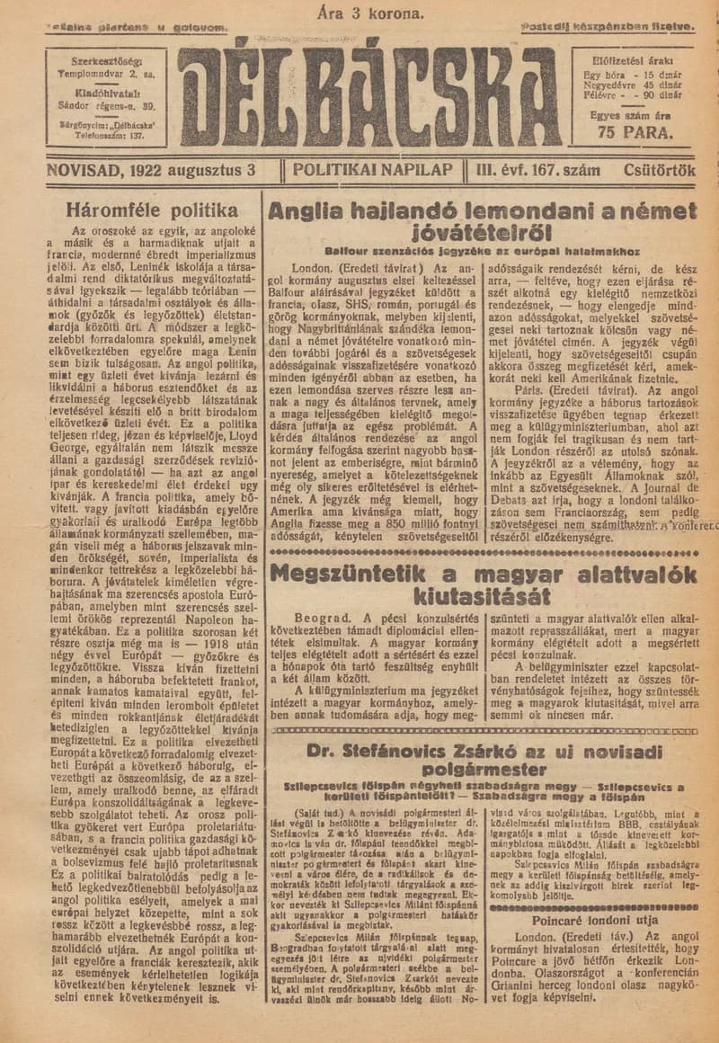 Délbácska, 3. évf. 1922. augusztus 3. 167. sz.
