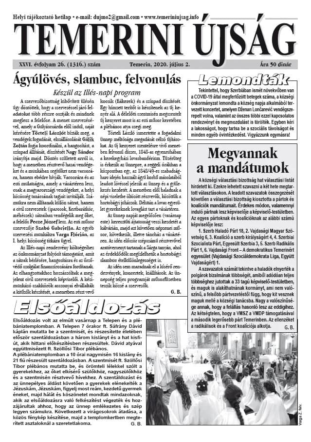 Temerini Újság, 26. évf. 2020. július 2. 26. sz.