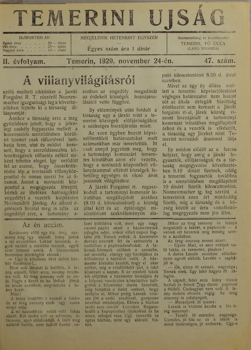 Temerini Újság 1928-1944, 2. évf. 1929. november 24. 47. sz.