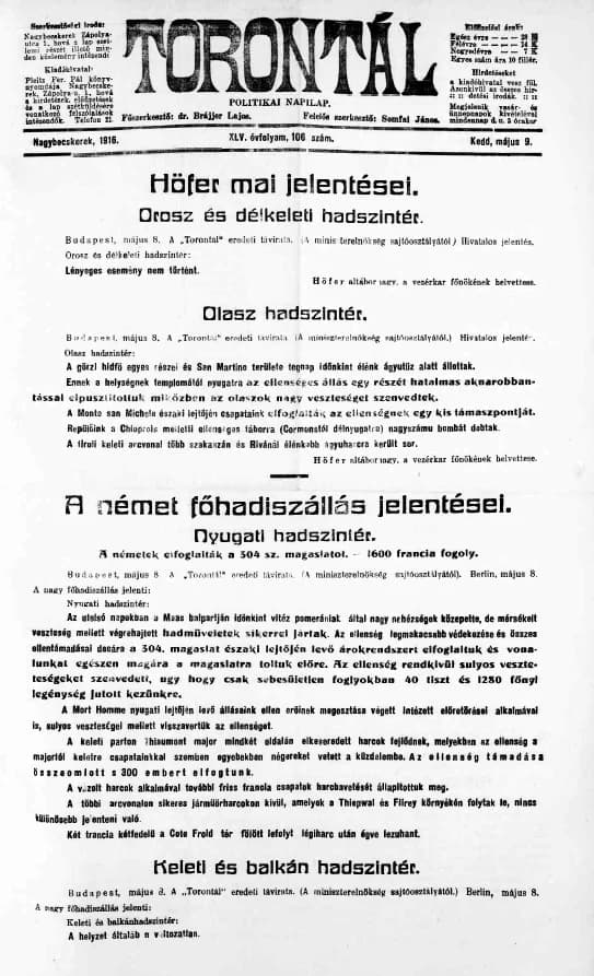 Torontál, 45. évf. 1916. május 9. 106. sz.