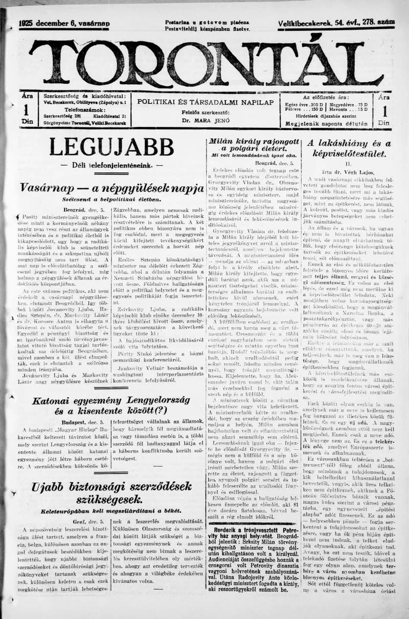Torontál, 54. évf. 1925. december 6. 278. sz.