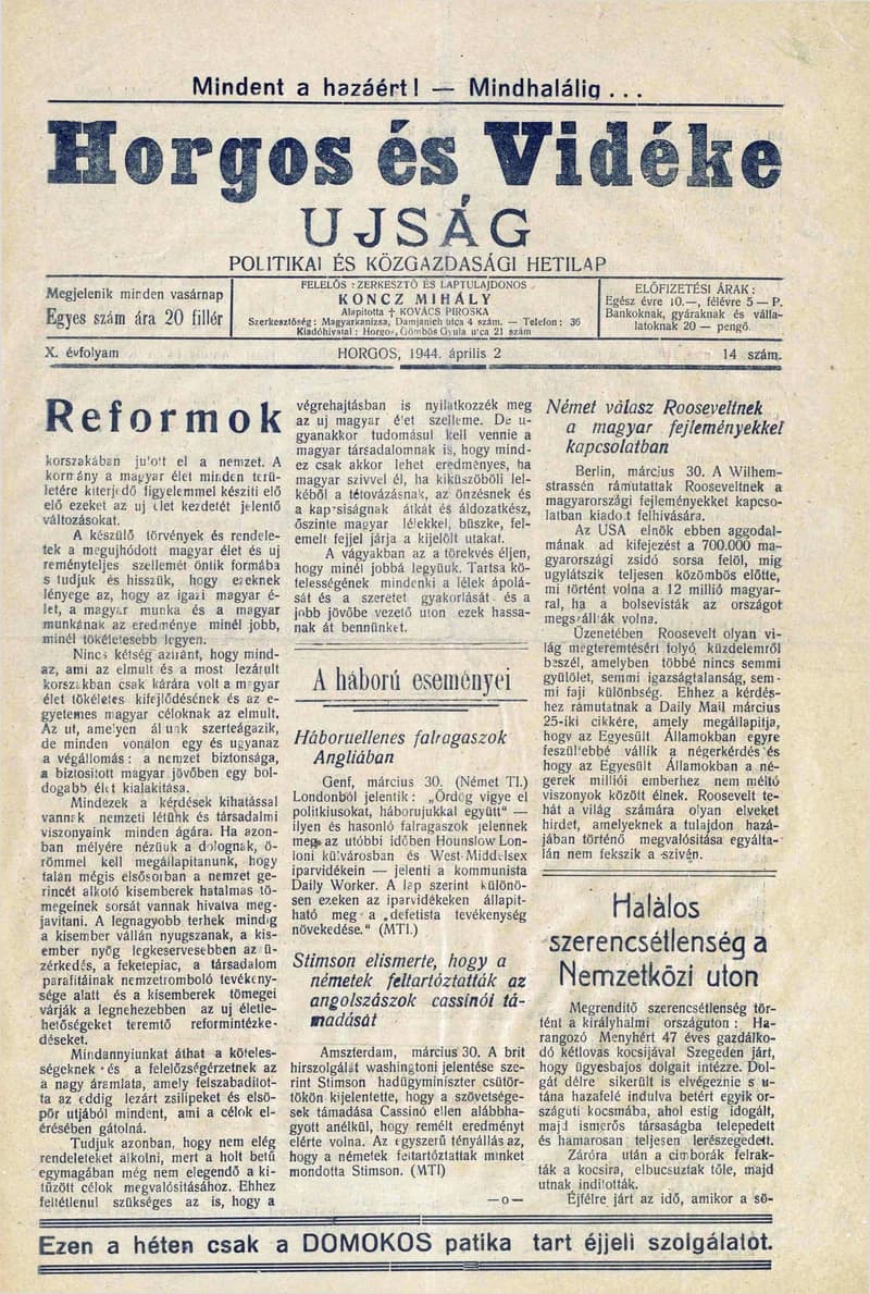 Horgos és vidéke, 9. évf. 1944. április 2. 14. sz.