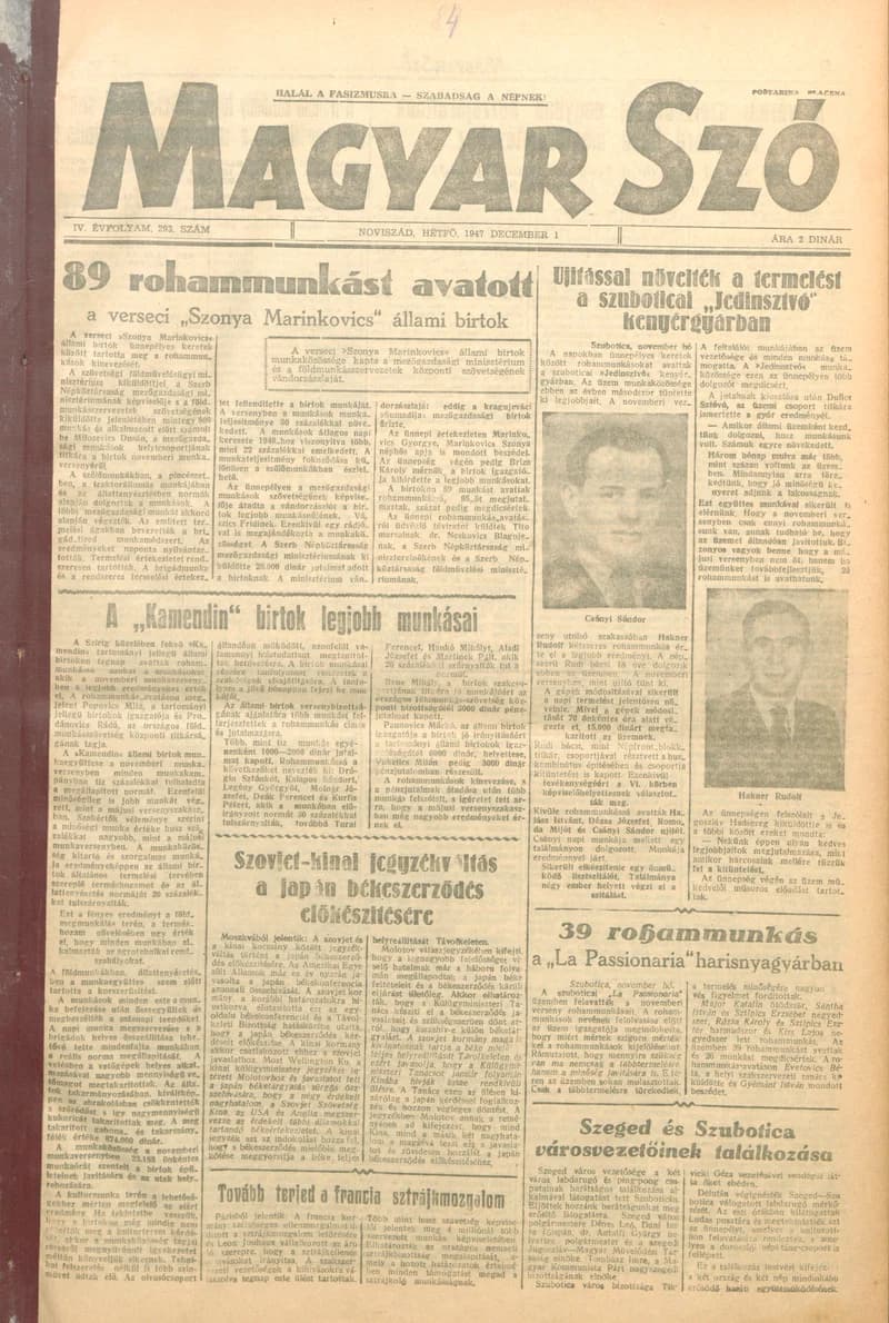 Magyar Szó, 4. évf. 1947. december 1. 293. sz. 1–4. oldal