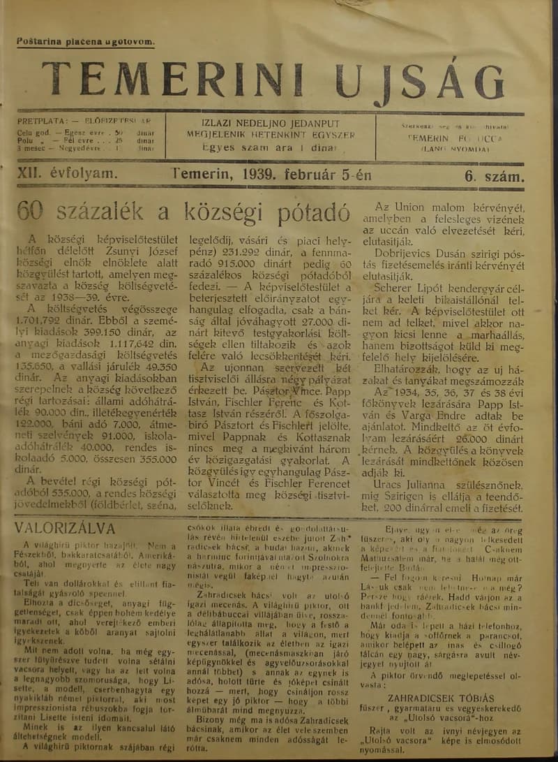 Temerini Újság 1928-1944, 12. évf. 1939. február 5. 6. sz.