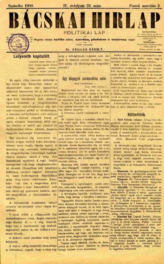 Bácskai Hirlap, 4. évf. 1900. március 2. 33. sz.