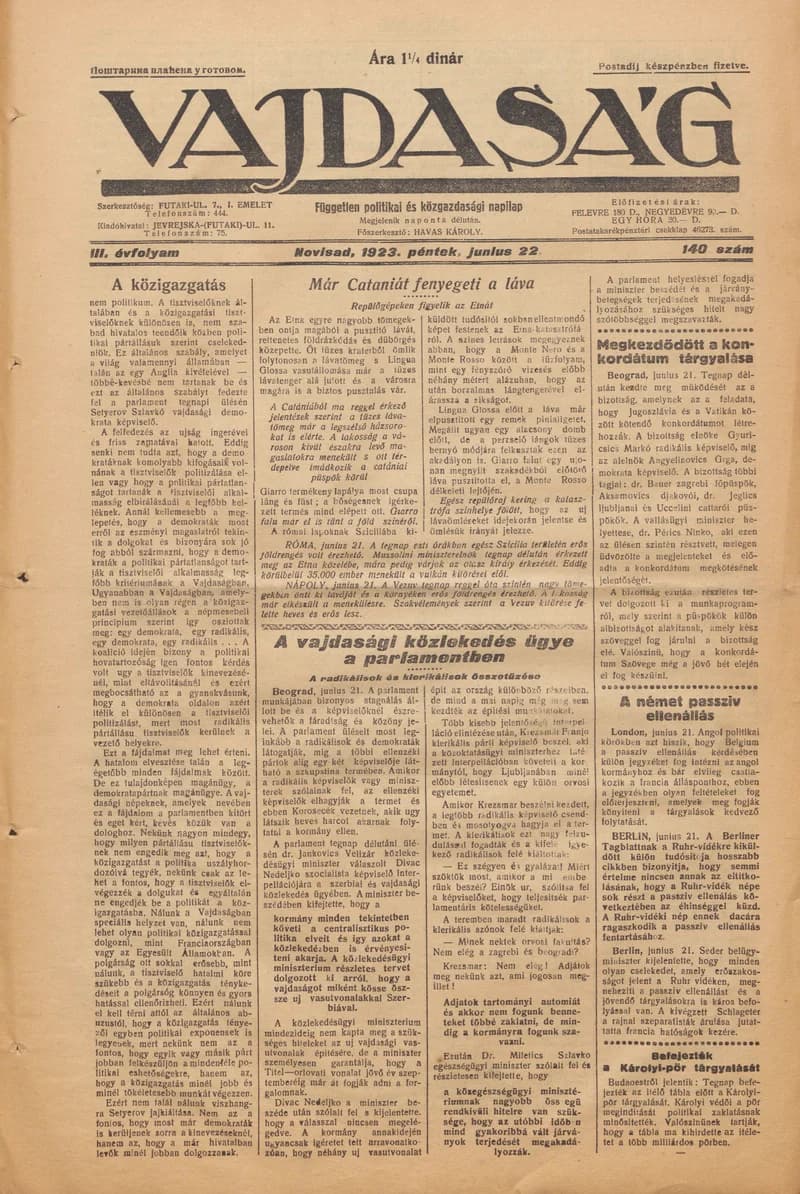 Vajdaság, 3. évf. 1923. június 22. 140. sz.