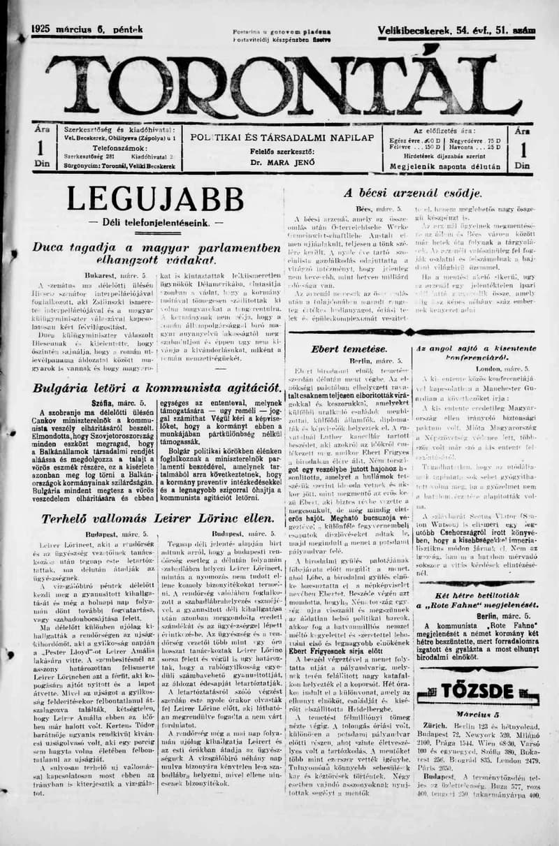 Torontál, 54. évf. 1925. március 6. 51. sz.