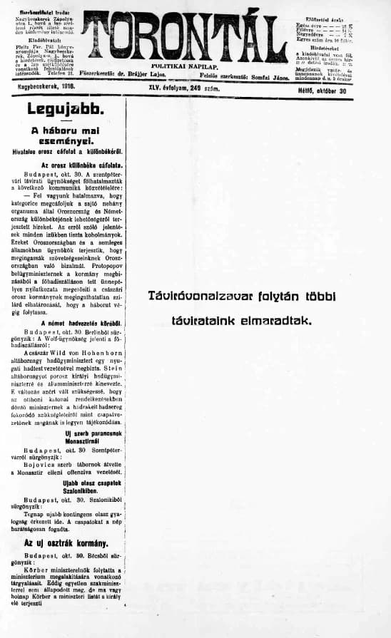 Torontál, 45. évf. 1916. október 30. 249. sz.