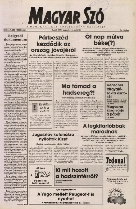 Magyar Szó, 48. évf. 1991. augusztus 15. 223. sz. 1–16. oldal