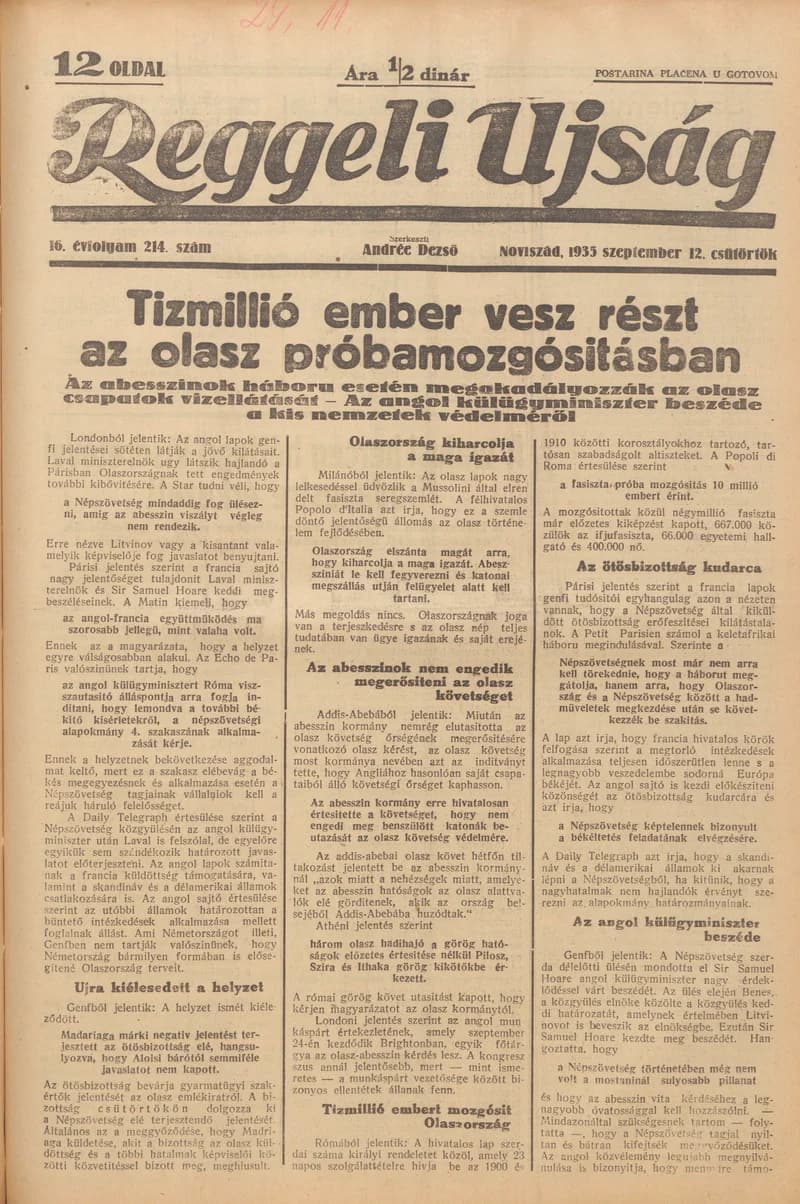 Reggeli Újság, 16. évf. 1935. szeptember 12. 214. sz.