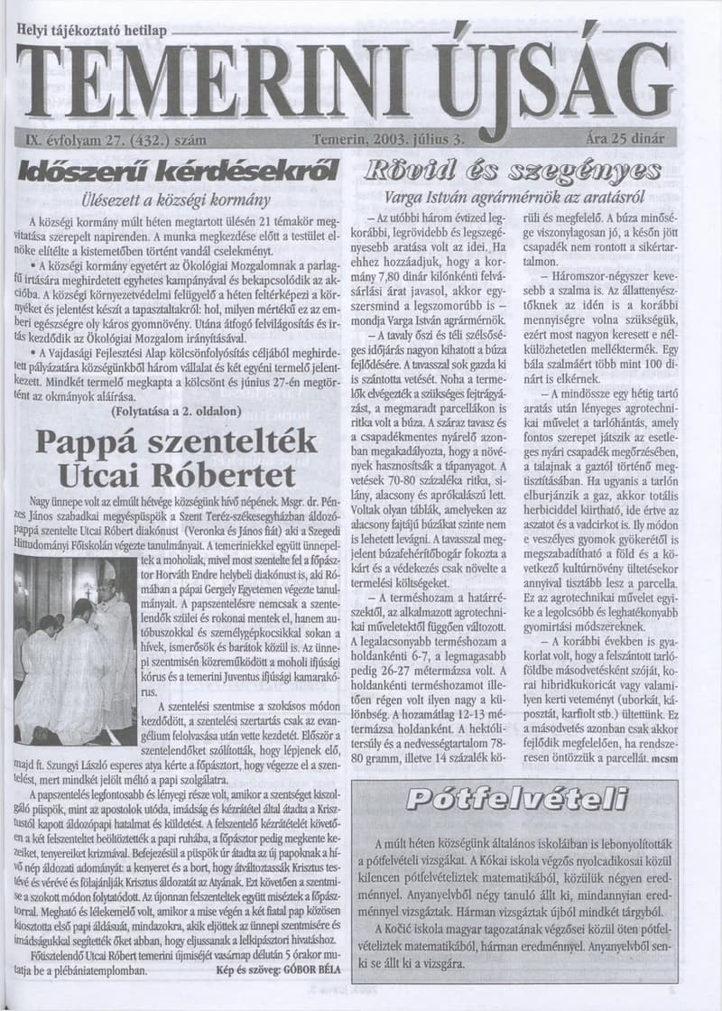 Temerini Újság, 9. évf. 2003. július 3. 27. sz.