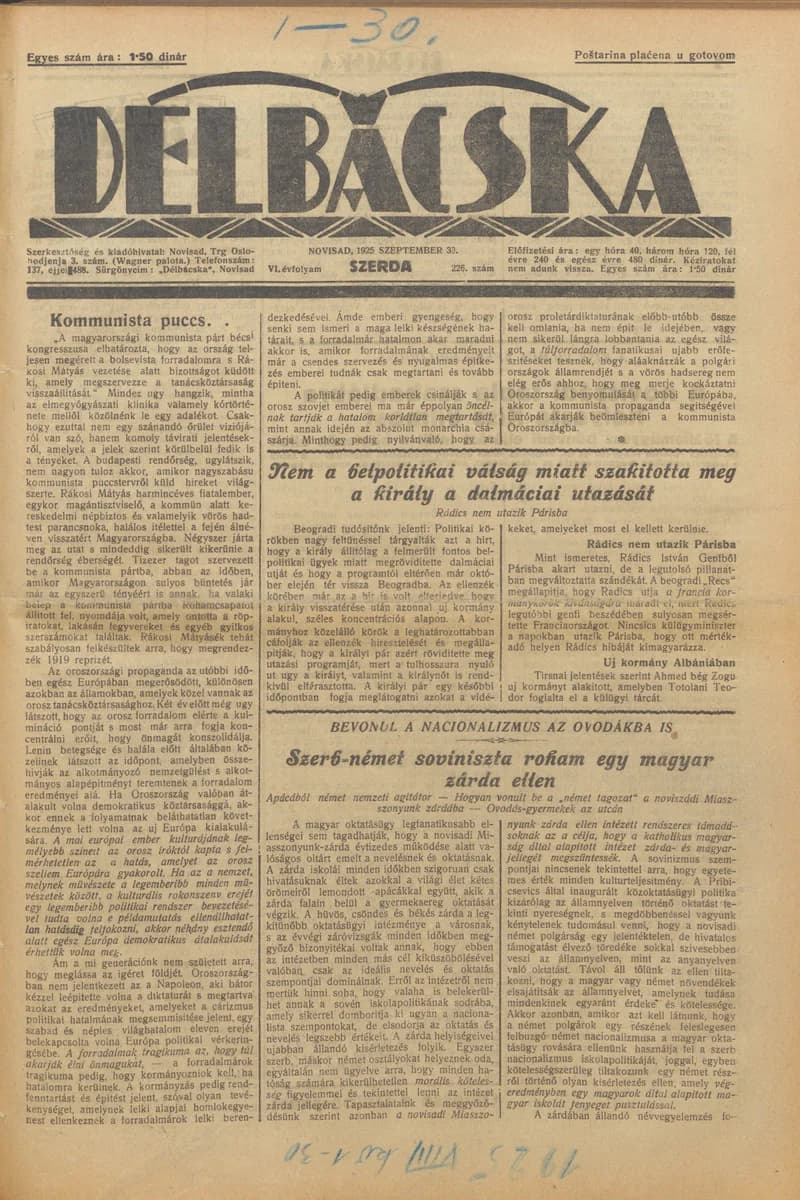 Délbácska, 6. évf. 1925. szeptember 30. 226. sz.