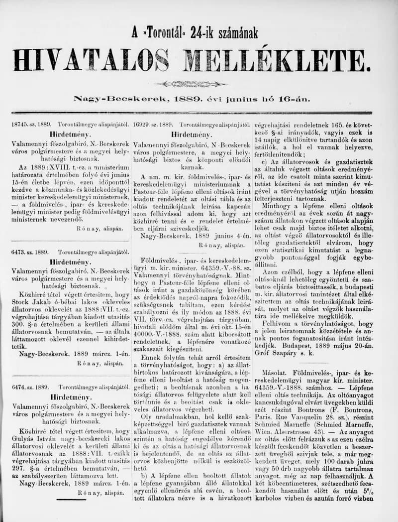 A Totontál  hivatalos melléklete, 2. évf. 1889. június 16. 24. sz.